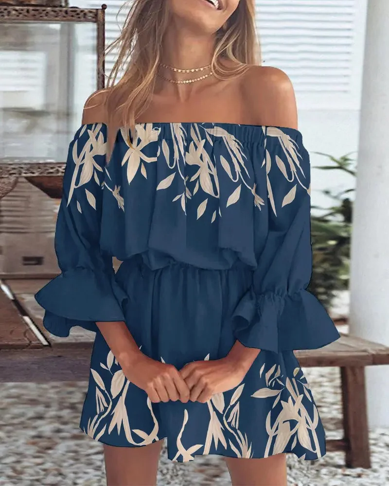 Ueong Ueong Sexy Fashion One-Word Shoulder Print Dress Women's Spot