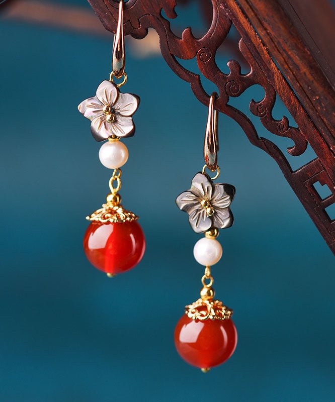 Elegant Red Agate Pearl Shell Flower Silver Drop Earrings