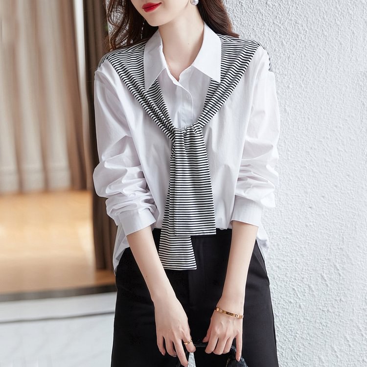 White Shift Paneled Casual Stripes Shirts & Tops