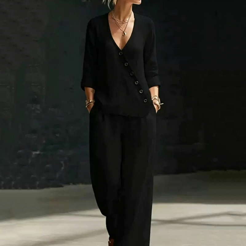 Minimalist Loose V-neck Slant-button Shirt And Wide-leg Pants Two-piece Set elevenforest