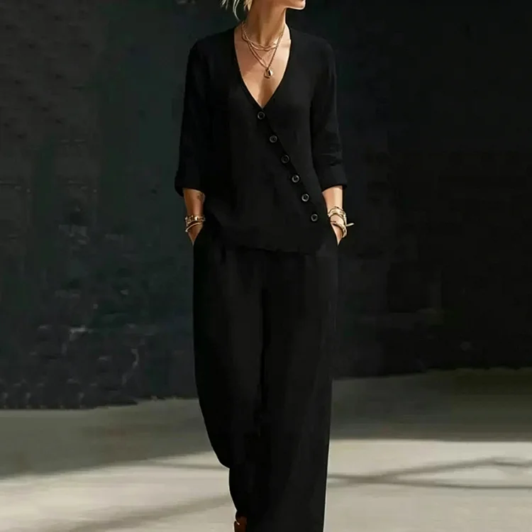Minimalist Loose V-neck Slant-button Shirt And Wide-leg Pants Two-piece Set