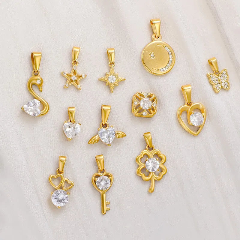 1 Piece 13.3*20.7mm 304 Stainless Steel Zircon 24K Gold Plated Star Heart Shape Butterfly Polished Pendant Jewelry Accessories