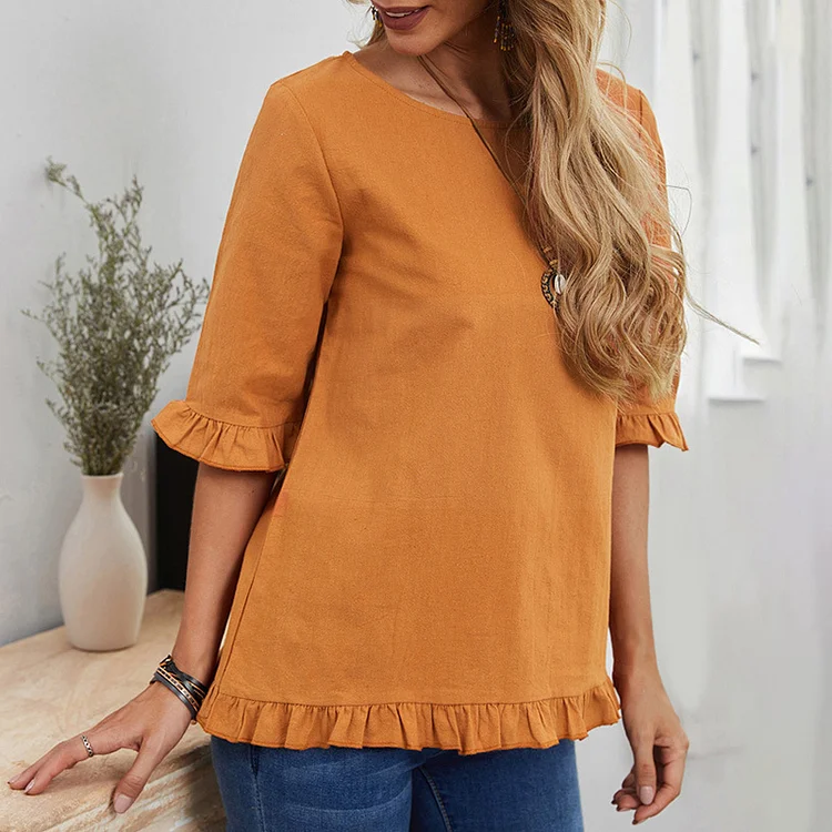 Solid Color Casual Crew Neck Linen Blend T-Shirt