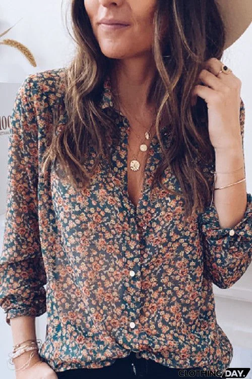 Print Button Long Sleeve Blouse