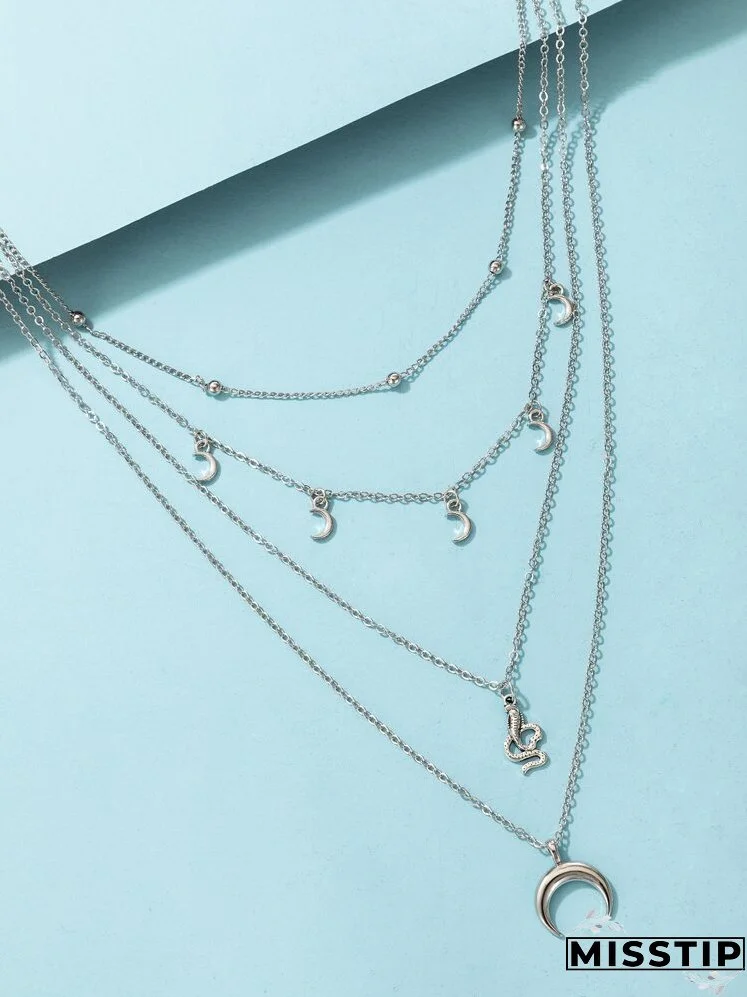 Moon & Snake Charm Layered Necklace