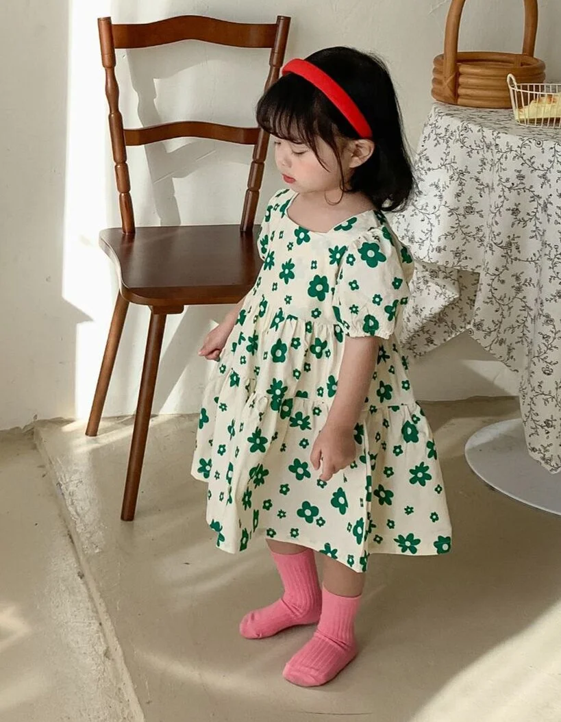 Retro Baby Spring Summer Girls Cotton Dress Kids Teenagers Children Clothes Outwear Puff Long Sleeve High Quality