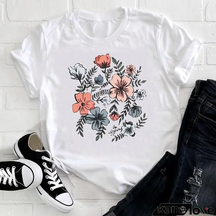 Women Fashion Casual Flower Print Round Neck Short Sleeve T-Shirt