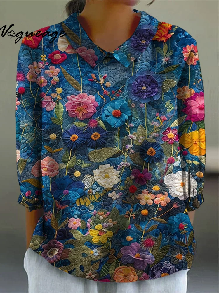 Gorgeous And Bright Fantasy Flowers Printed Cotton And Linen Women Shirt