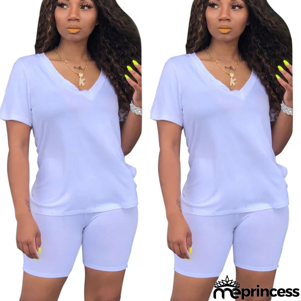 Plus Size Solid V Neck T Shirt And Shorts 2 Piece Sets