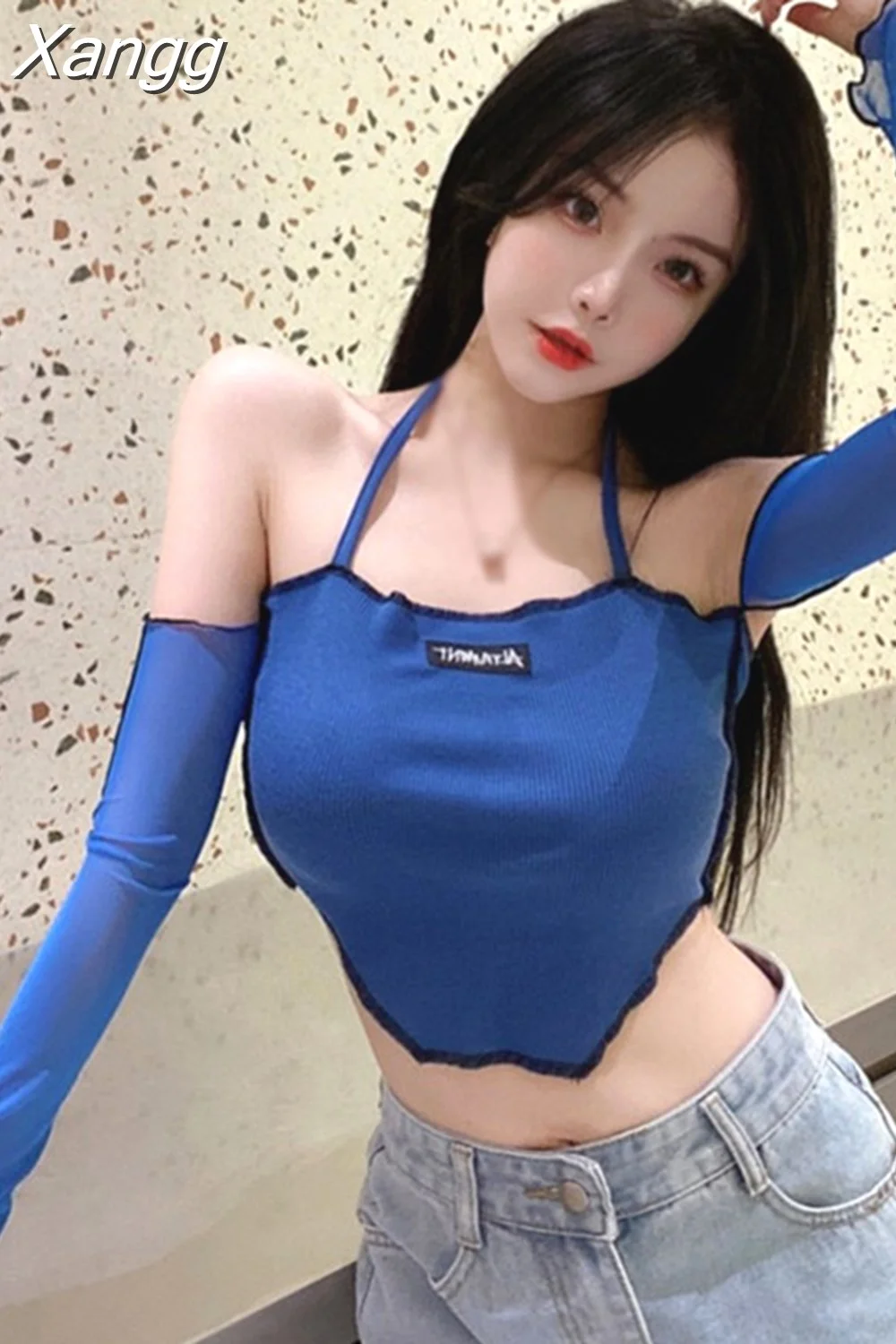 Xangg Shoulder Crop Top For Women Sexy Blouse Top Long Sleeve Cropped Shirts Tulle Patchwork Slim Fit Halter Neck