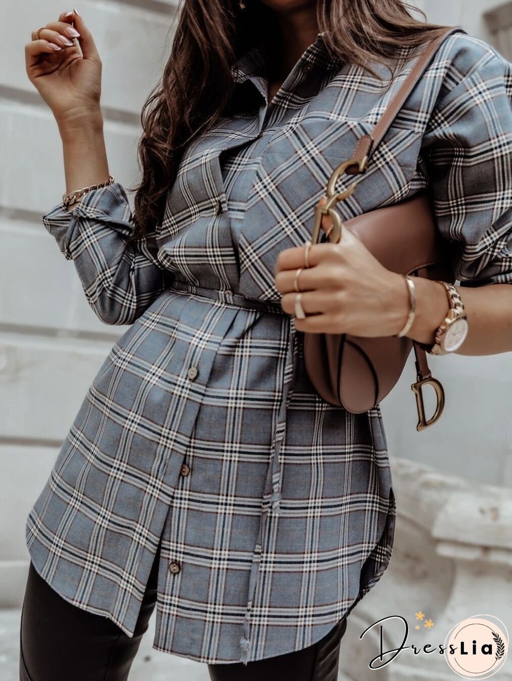 Checked Loose Long Sleeve Belted Shirt