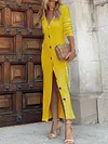 Solid Color V-Neck Buttoned Long Sleeve Simple Knitted Midi Dress