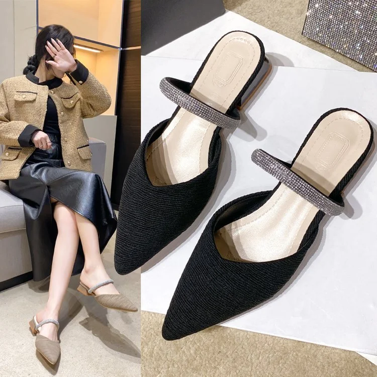 Wongn Wongn 2024 New Korean Version Of Cloth Baotou Half Drag Diamond Thick Heel Slippers Lazy Slippers Women's Shoes