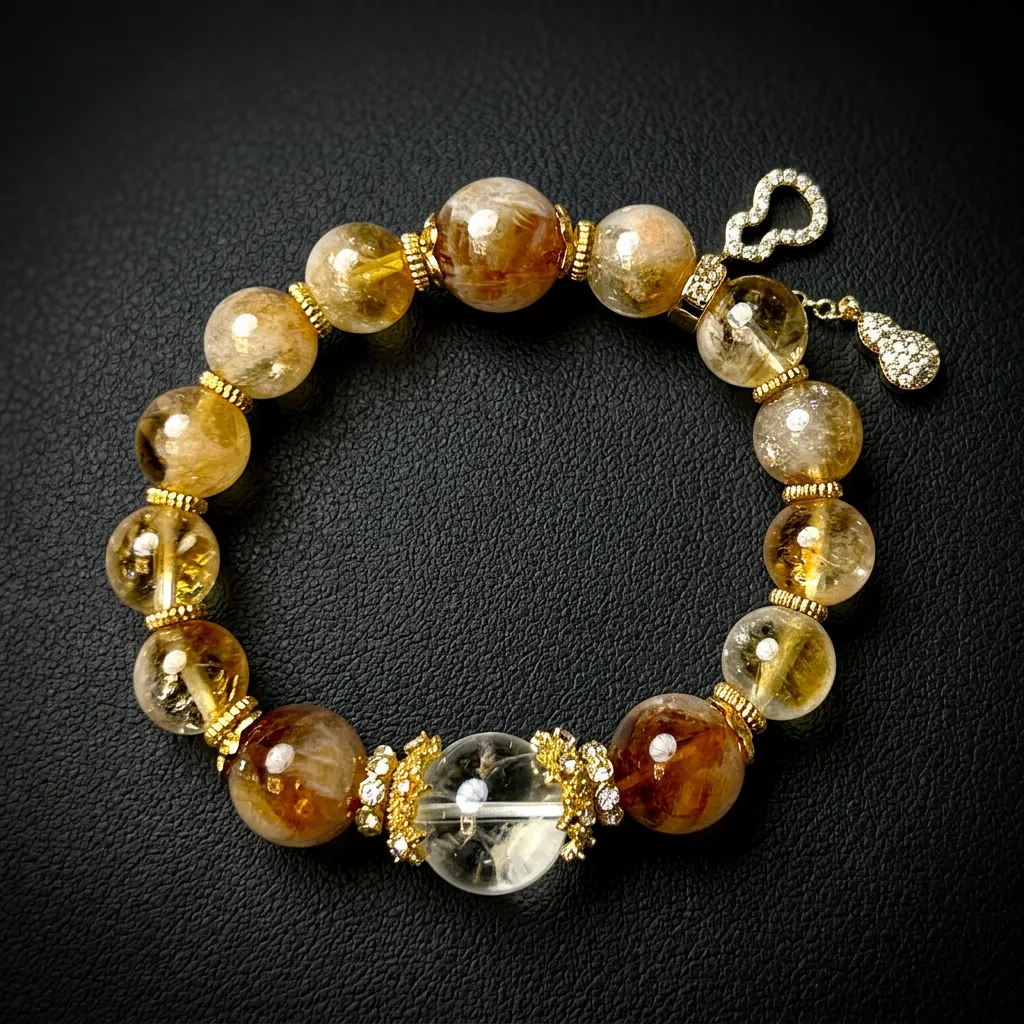 Radiant Fortune: Yellow Tower Crystal & White Quartz Bracelet with Pav&eacute; Gourd Charm Luminous Citrine-Hue & Pav&eacute; Gourd (12mm)