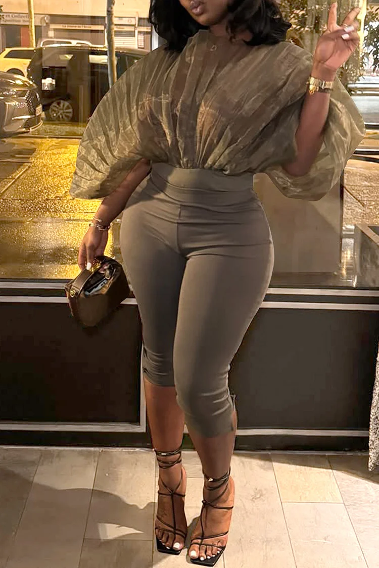Plus Size Party Army Green Round Neck Pleated See Through Two Piece Pant Sets [Pre-Order] 2024 - Xpluswear
