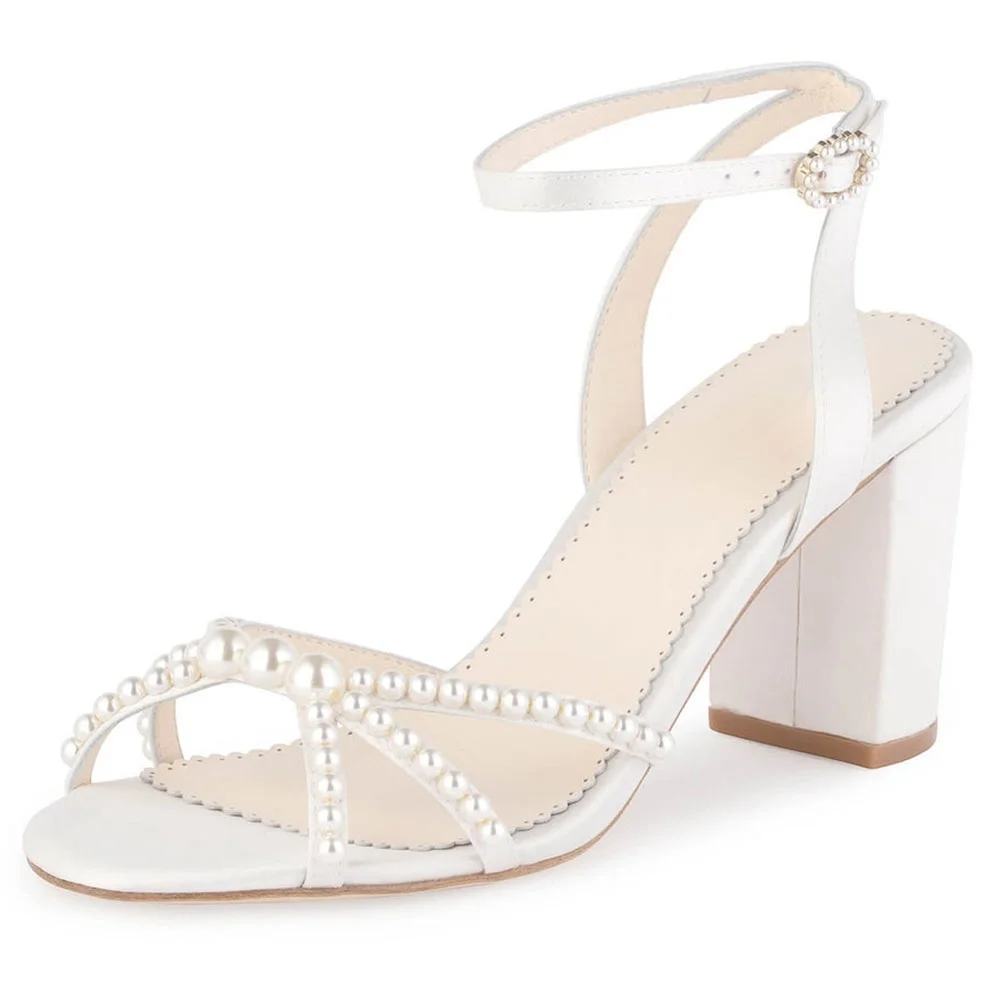 YDN White Satin Open Toe Ankle Strap Chunky Heel Pearl Sandals