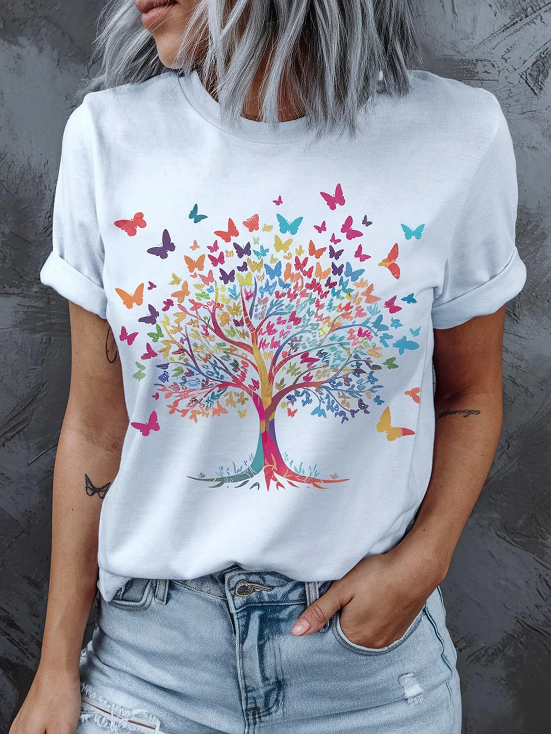 1pc 1 Women's Round Neck T-Shirt, Colorful Butterfly Tree Print, Geometric Pattern, Knitted Fabric, Comfortable And Breathable T-Shirt, Suitable For All Season | IFYHOME