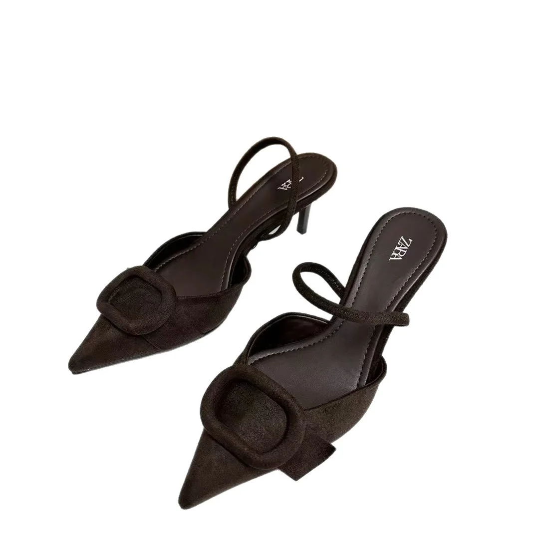 Breakj Breakj Home 2025 Summer New Women's Shoes Exposed Light Sandals Brown Pointed High Heels Muller Shoes