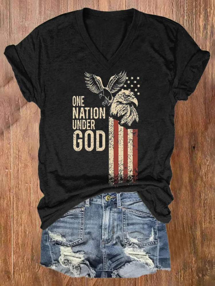 VChics V-neck One Nation Under God Print T-Shirt