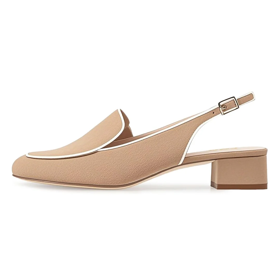 Classic Nude Square Toe Slingback Chunky Heeled Loafers Women