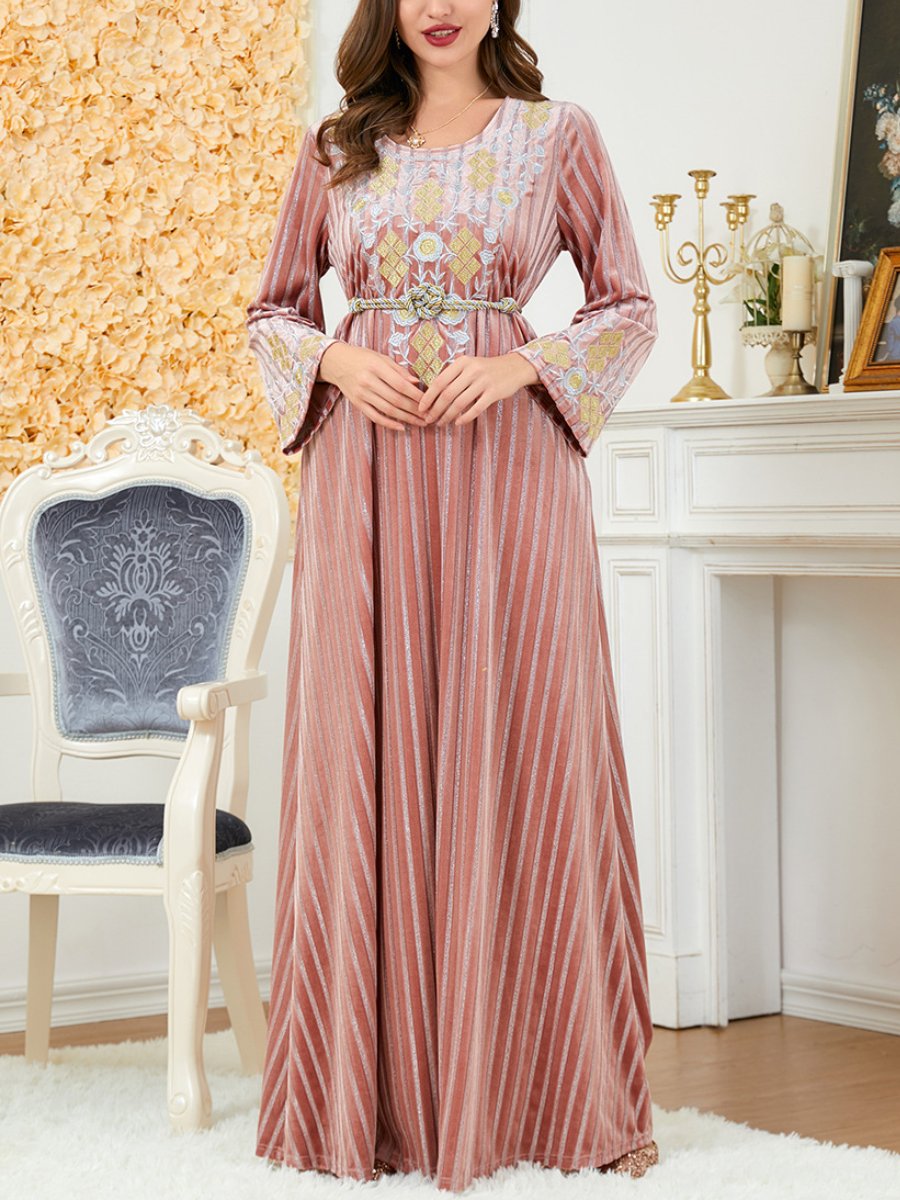 Embroidery Print Long Sleeve Round Neck Belt Design Dress | Oxredo Shop Ramadan Sale