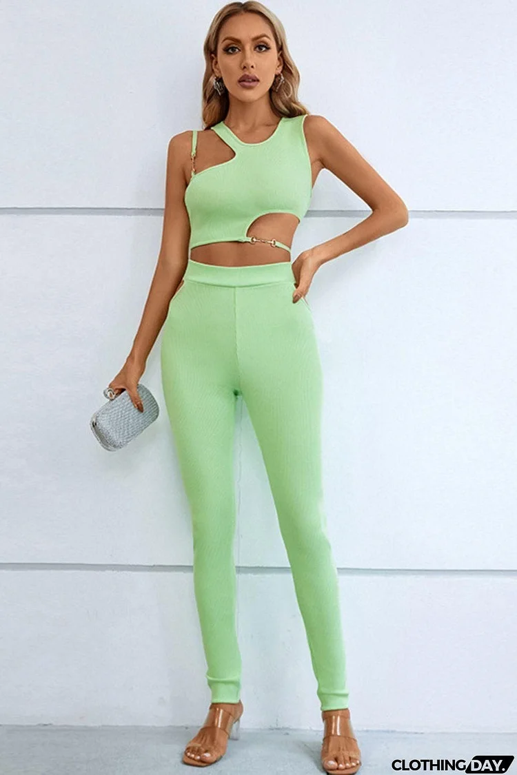 Asymmetrical Ribbed Cutout Tank and Pants Set