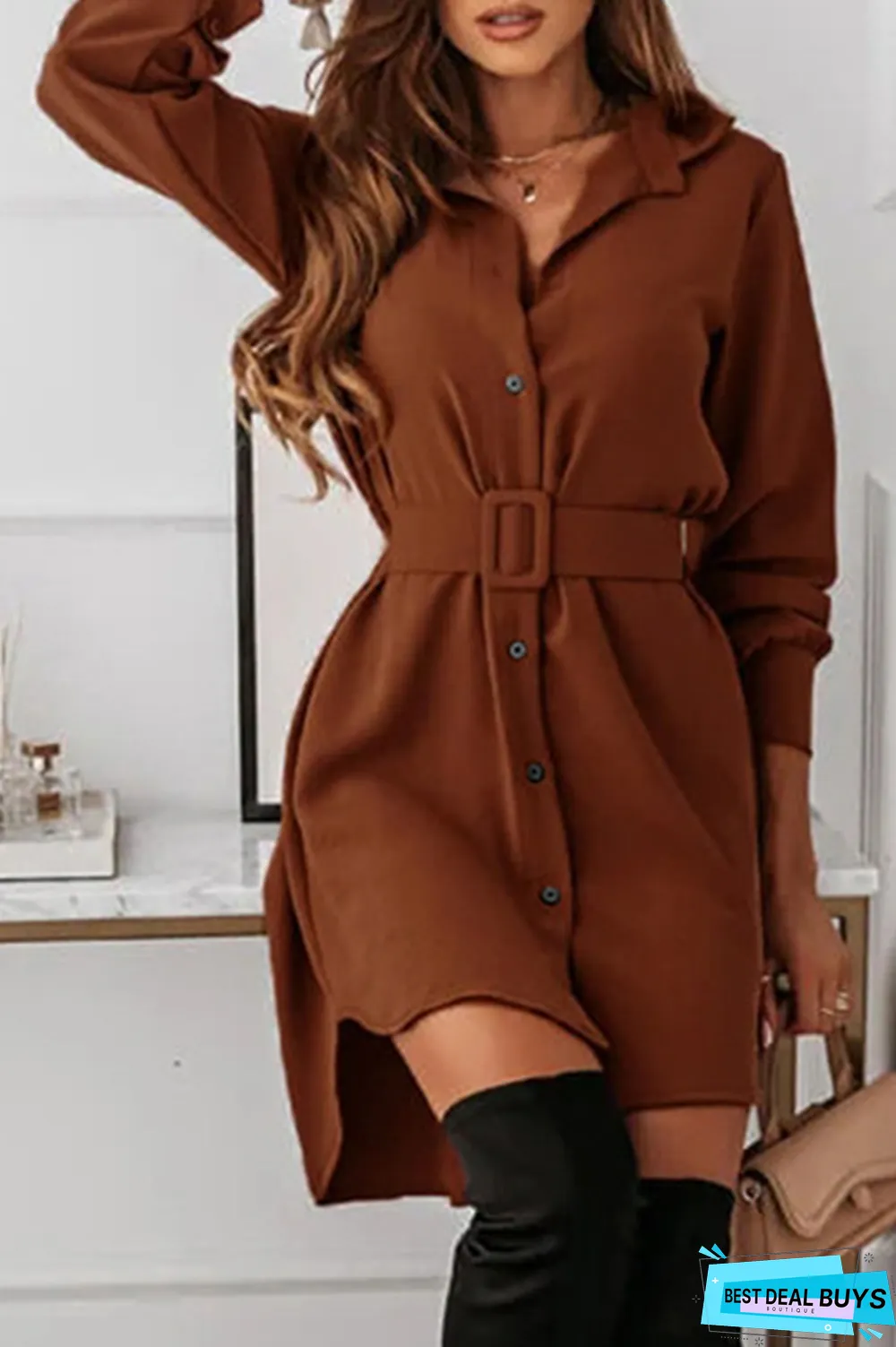Casual Elegant Solid Buckle With Belt Turndown Collar Shirt Dress Dresses