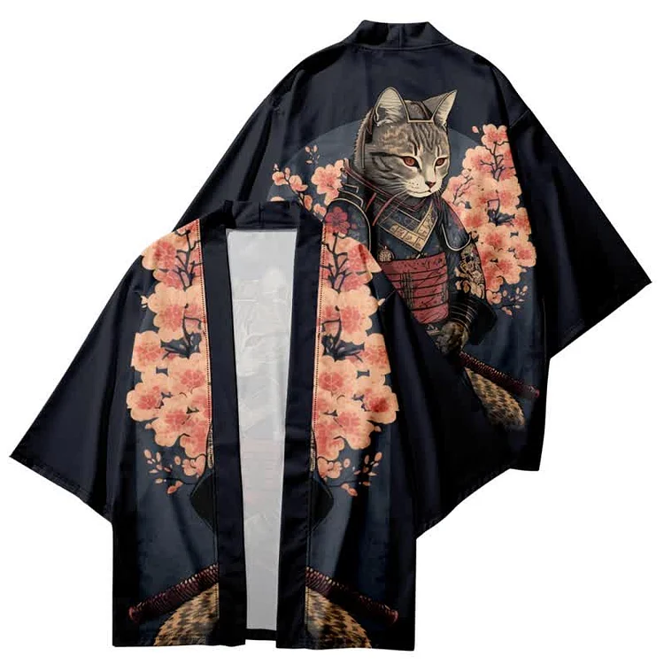 Vintage Cat Warriors Print Cardigan Kimono Outerwear - Modakawa modakawa
