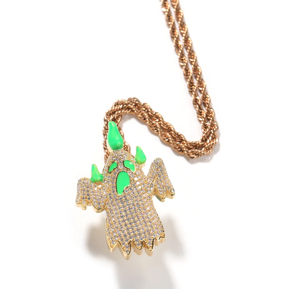 Light in the Dark Ghost Pendant Micro Pave CZ Stone Necklace Hip hop Jewelry-VESSFUL
