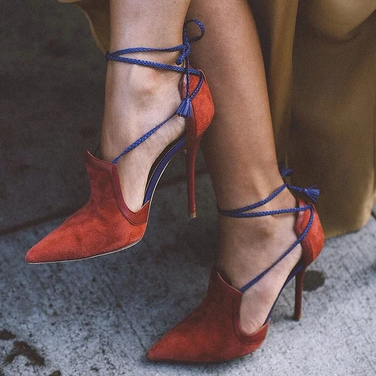 Tangerine Strappy Heels Pointy Toe Vegan Suede Stiletto Heels Pumps |FSJ Shoes