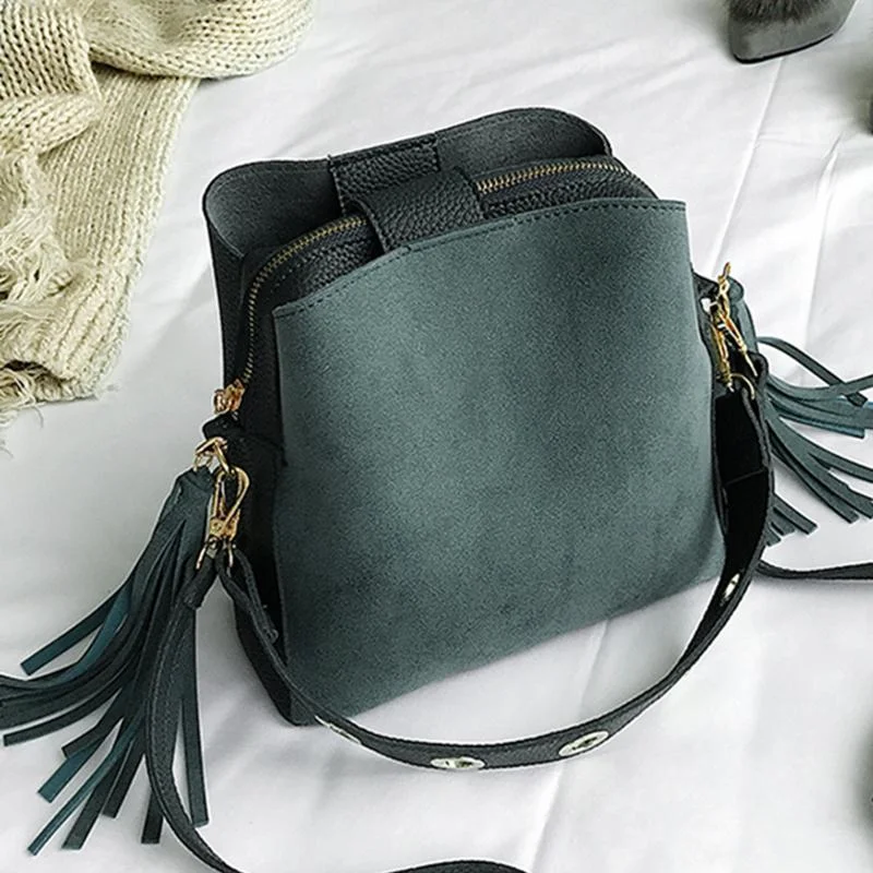 Fashion Scrub Women Bucket Bag Vintage Tassel Messenger Bag