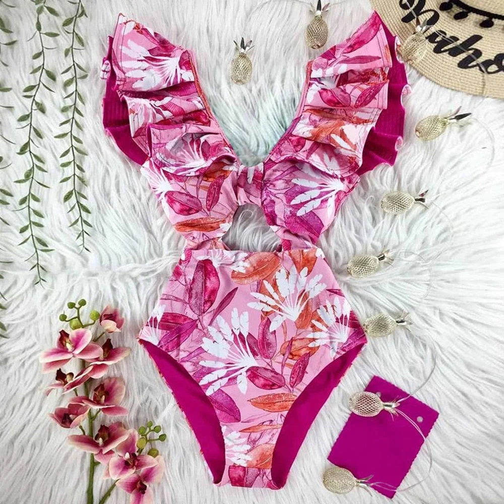 2022 New Sexy Ruffle Print Floral One Piece Strappy Slimming Swimwear Women Swimsuit Deep-V Bathing Suit Beach Wear Monkini