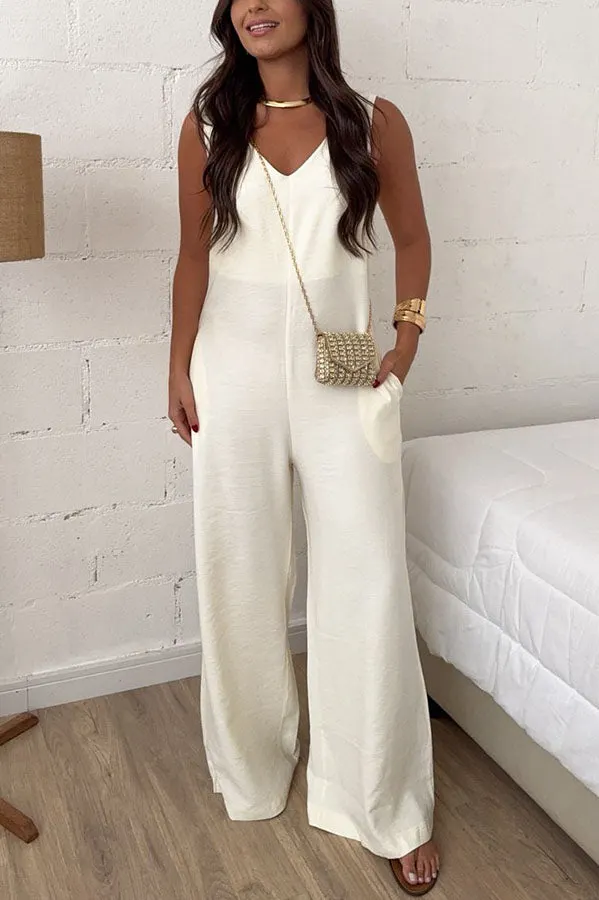 Elaris Linen Blend V-neck Tie-up Waist Pocketed H-line Wide Leg Jumpsuit