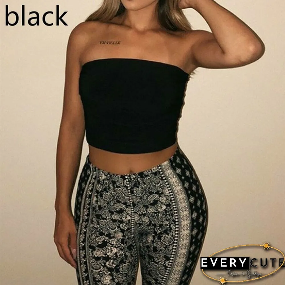 Womens Off Shoulder Strappyless Casual Tank Vest Sleeveless Summer Bodycon Slim Crop tops