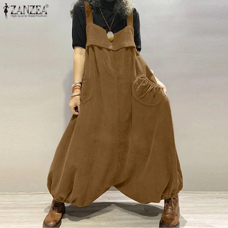 Fashion Suspenders ZANZEA Women Autumn Wide Leg Rompers Casual Corduroy Jumpsuits Loose Playsuits Solid Drop-Crotch Overalls