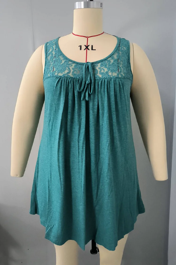 Plus Size Lace Up Lace Stitching Round Neck Casual Tank Top  Flycurvy [product_label]