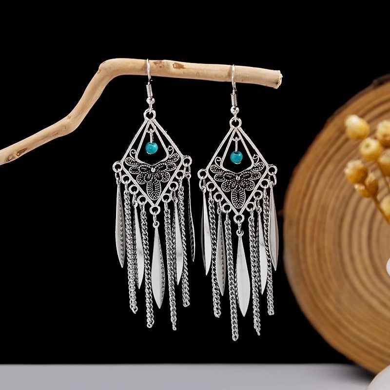 Bohemian Blue Turquoise National Style Earrings Imitation Miao Silver Metal Earrings Vintage Tassel Earrings