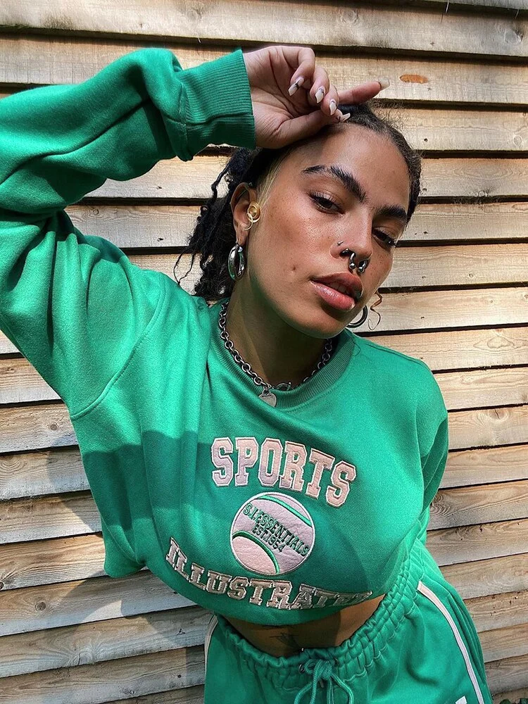 WannaThis Letter Printing Women Sweatshirts Cotton Green Fitness O Neck Long Sleeve Pullover Fashion Autumn Winter Harajuku Tops