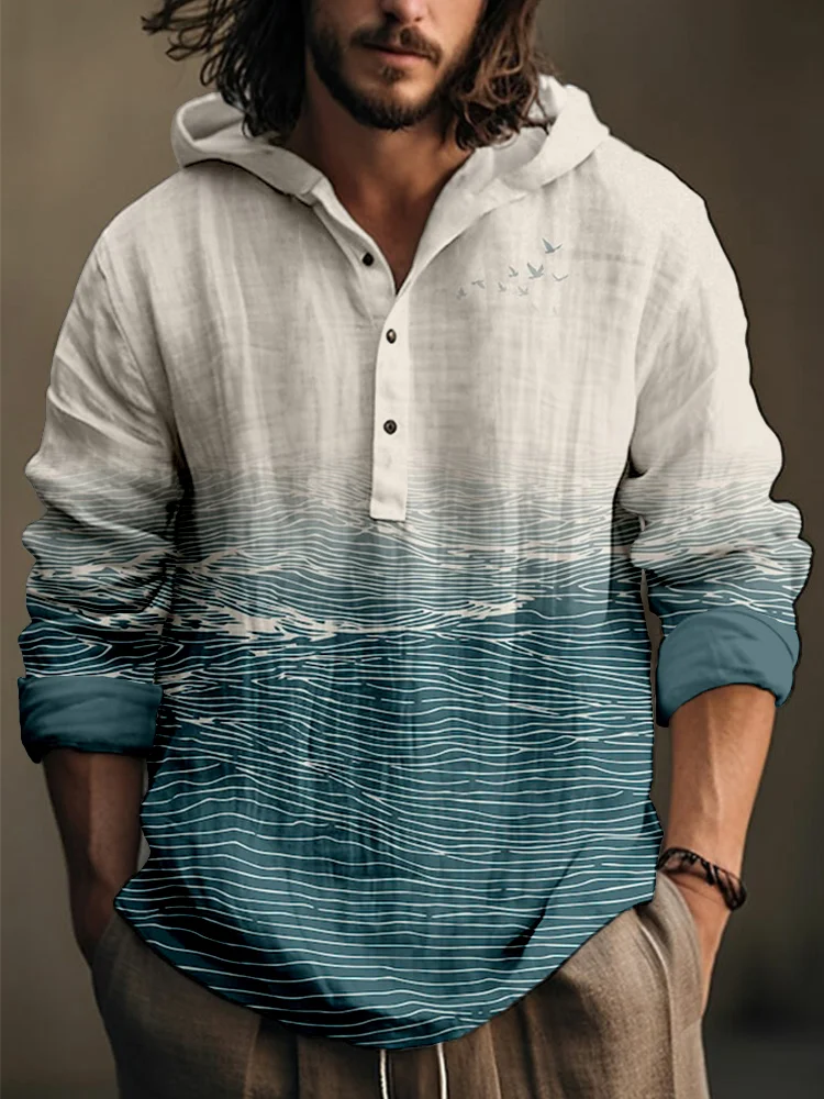 Out at Sea Japanese Waves Art Linen Blend Hooded Shirt