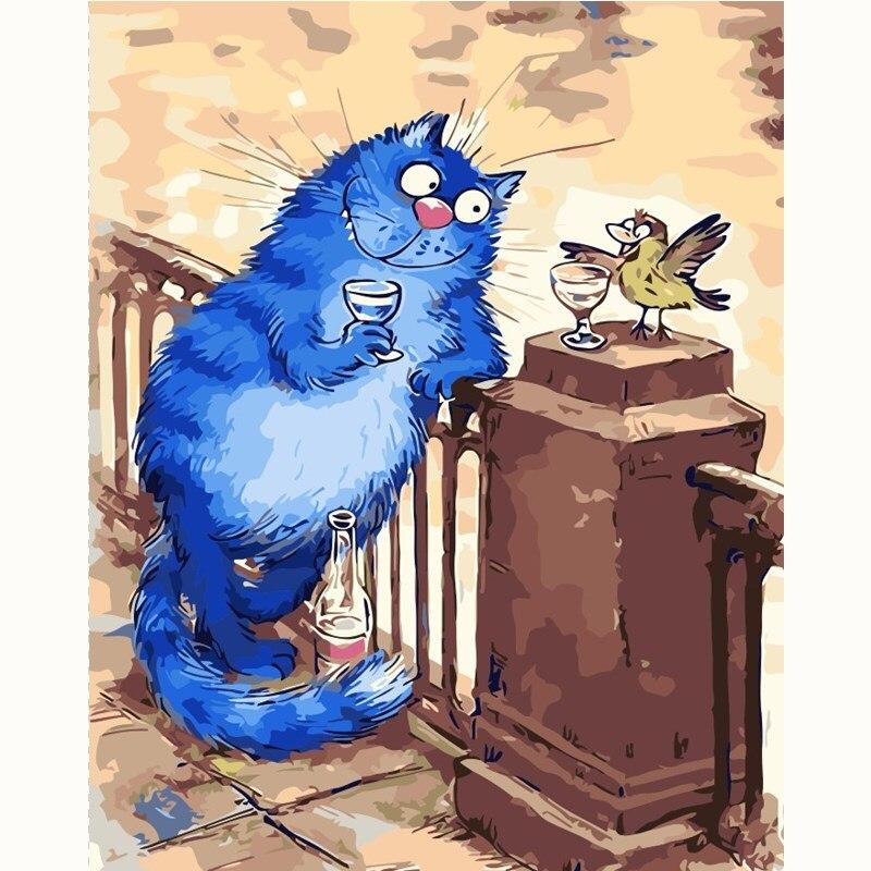 

Blue Cat drinking with Bird – Paint By Numbers - 40*50CM, 501 Original