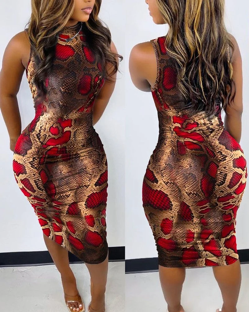 Snakeskin Print Sleeveless Ruched Bodycon Dress