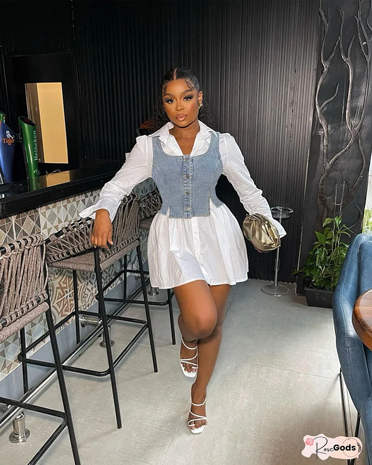 Fashion Denim Tops and Shirt Dress Two Piece Set