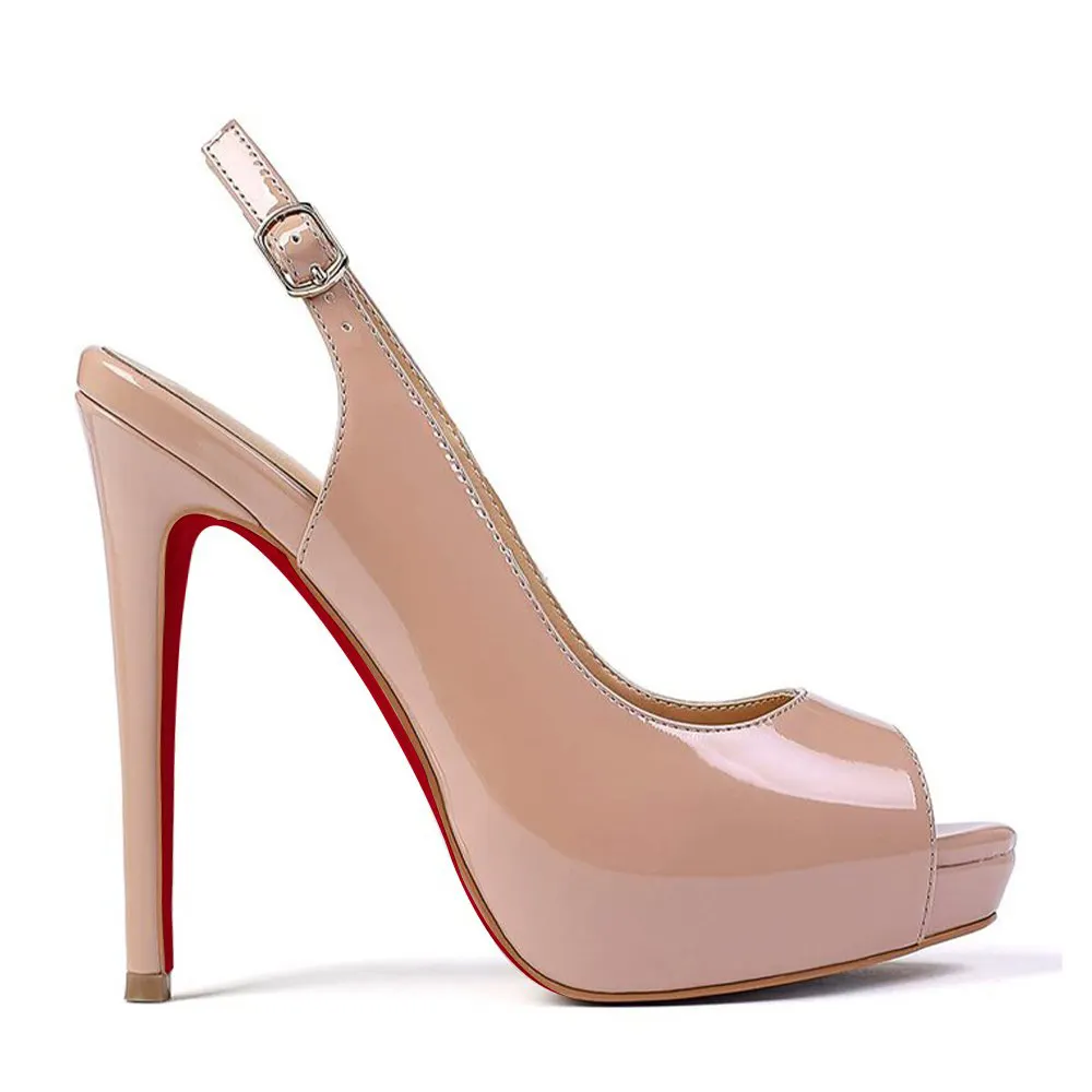 120mm Strap Slingback Sandals Peep Toe Platform Red Soles Stilettos Patent-vocosishoes