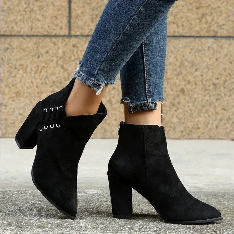 2021 winter new women's leather boots women's shoe PU pointed fashion boots rubber thick heel zipper suede chaussure femme talon