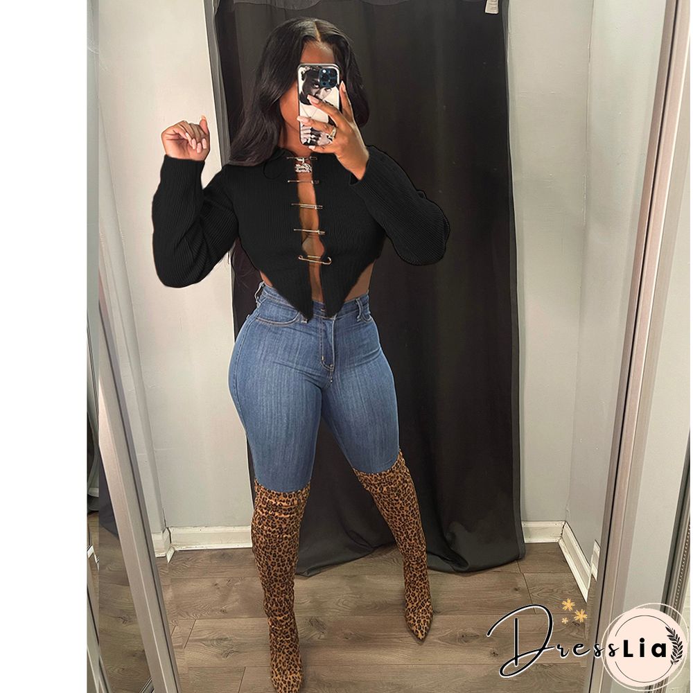 Ribbed Knitted Long Sleeve Pin Up Cardigan Crop Tops