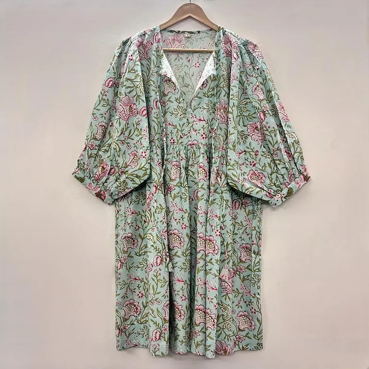 Blue Block Printed Cotton Dress &ndash; Indian Tunic Long Top for Women