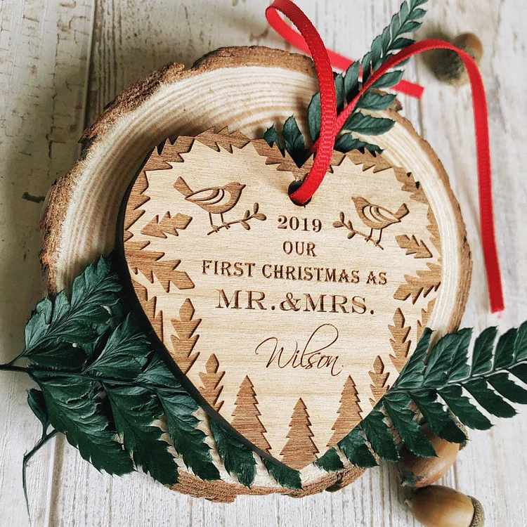 Our First Christmas Ornament Custom Name Heart Wooden Ornament