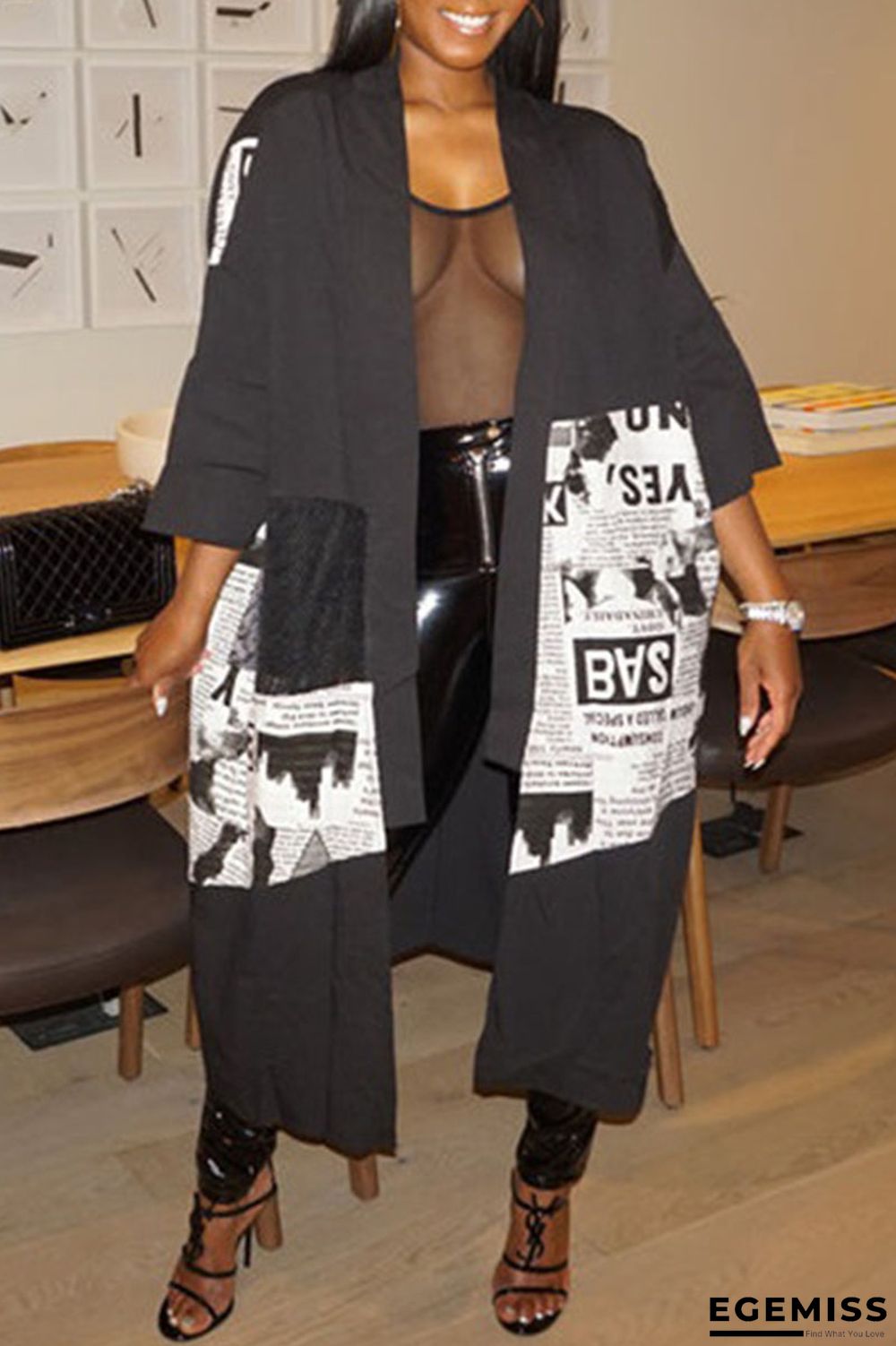 Black Casual Street Print Patchwork Plus Size Overcoat | EGEMISS