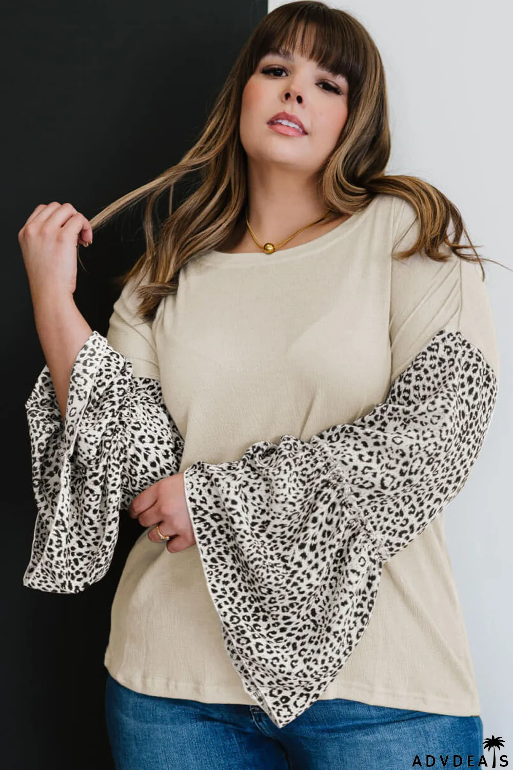 Beige Leopard Bell Sleeve Patchwork Plus Size Top