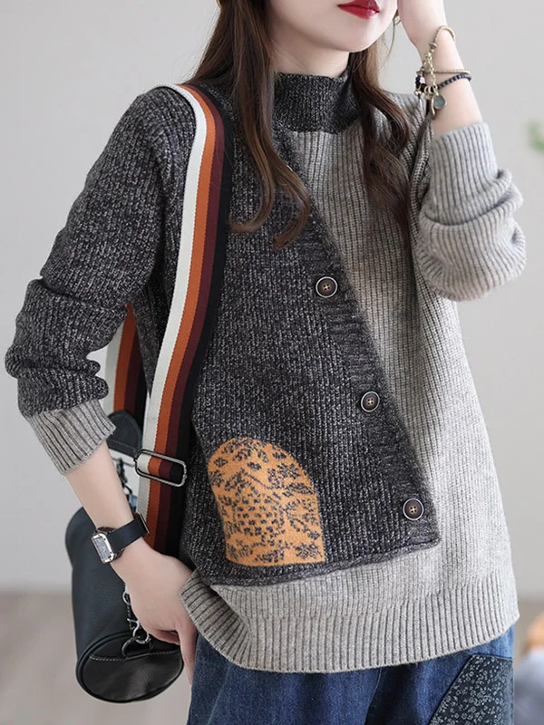 Vintage Jacquard Contrast Color Split-Joint Sweater